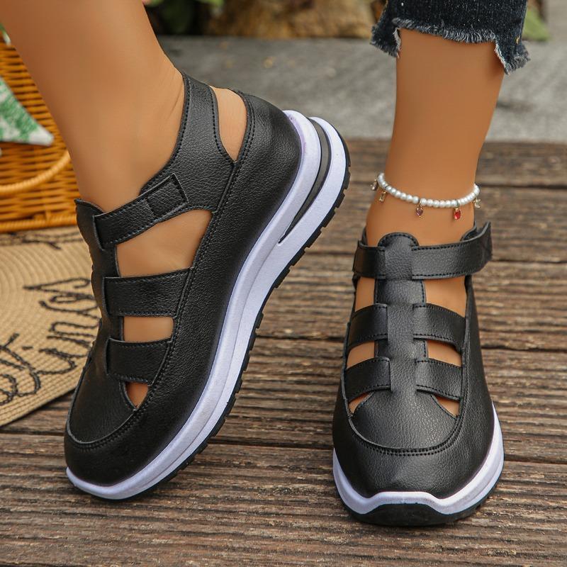 Plus‑Size Closed‑Toe Hollow‑Out Hook‑and‑Loop Thick Wedge Women Sandals