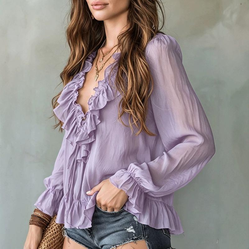 BITCED Women's Fashion Casual Long Sleeve V-Neck Blouses & Shirts
