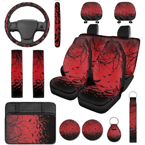Red Spider Web Car Seat Covers with Steering Wheel Cover,Armrest Cushion,Seat Belt Covers Cup Holder with Keychain,Automotive Protector Set Unverisal
