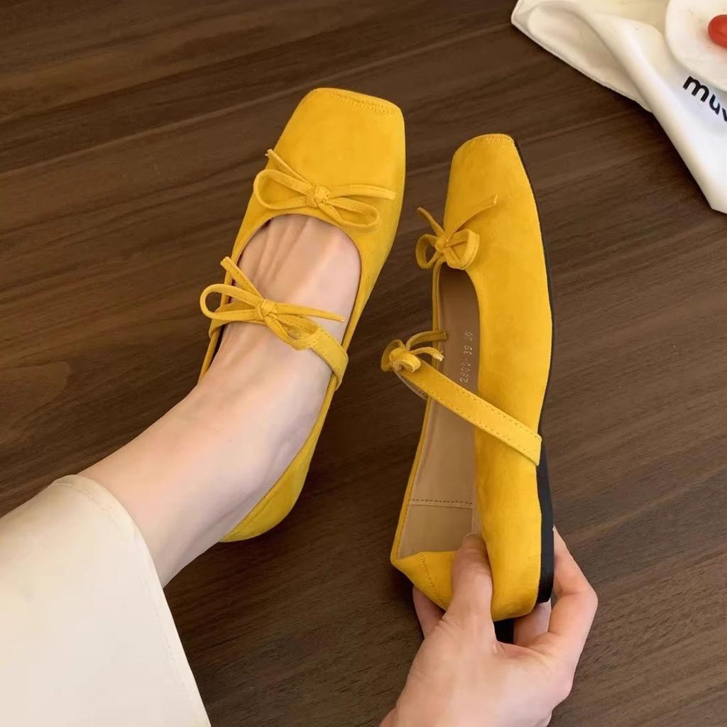 Inner height increase square head bow shallow mouth single shoes women's spring skirt fairy ballet style soft flat Mary Jane shoes
