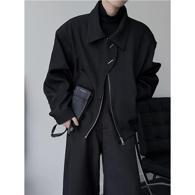 Fliegerjacke mit breitem Schulterbereich und dunklem Frühlingsdesign für Damen und Herren, schlichtes Revers, lange Ärmel, modischer kurzer, lockerer Mantel