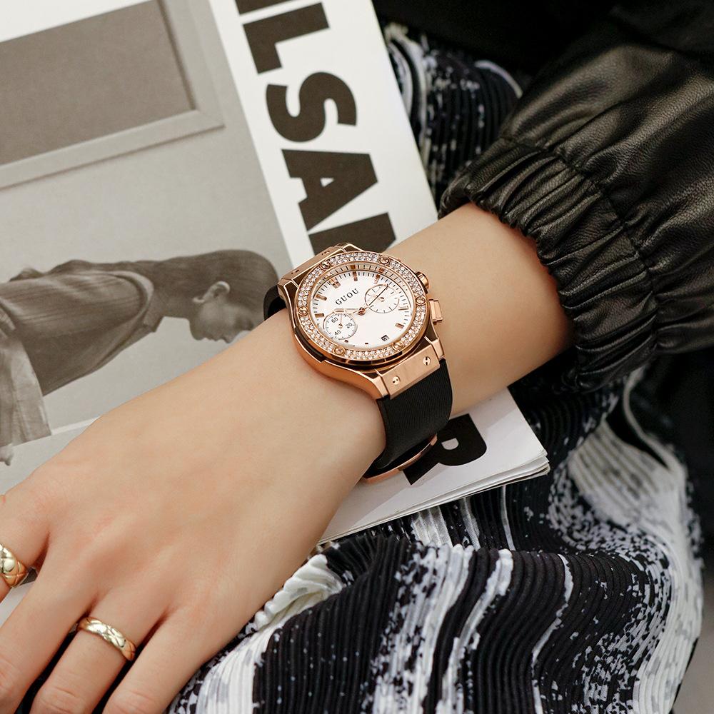 Montre tendance, personnalité, cool, élégante, grand cadran, bracelet en silicone, autoritaire, strass, montre femme