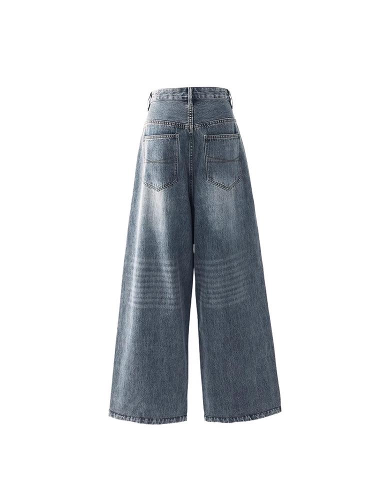Unisex American Retro High-Waist Wide-Leg Jeans: Spring & Autumn, Loose, Slimming, Drapey, Floor-Length Straight-Leg Style.
