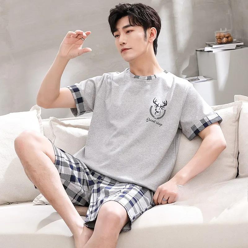 Two Piece Set Pajamas Men Cotton Fabric Jersey Short Sleeve Shorts Casual Loose Sports Loungewear Sleepwear Youth Nightwear