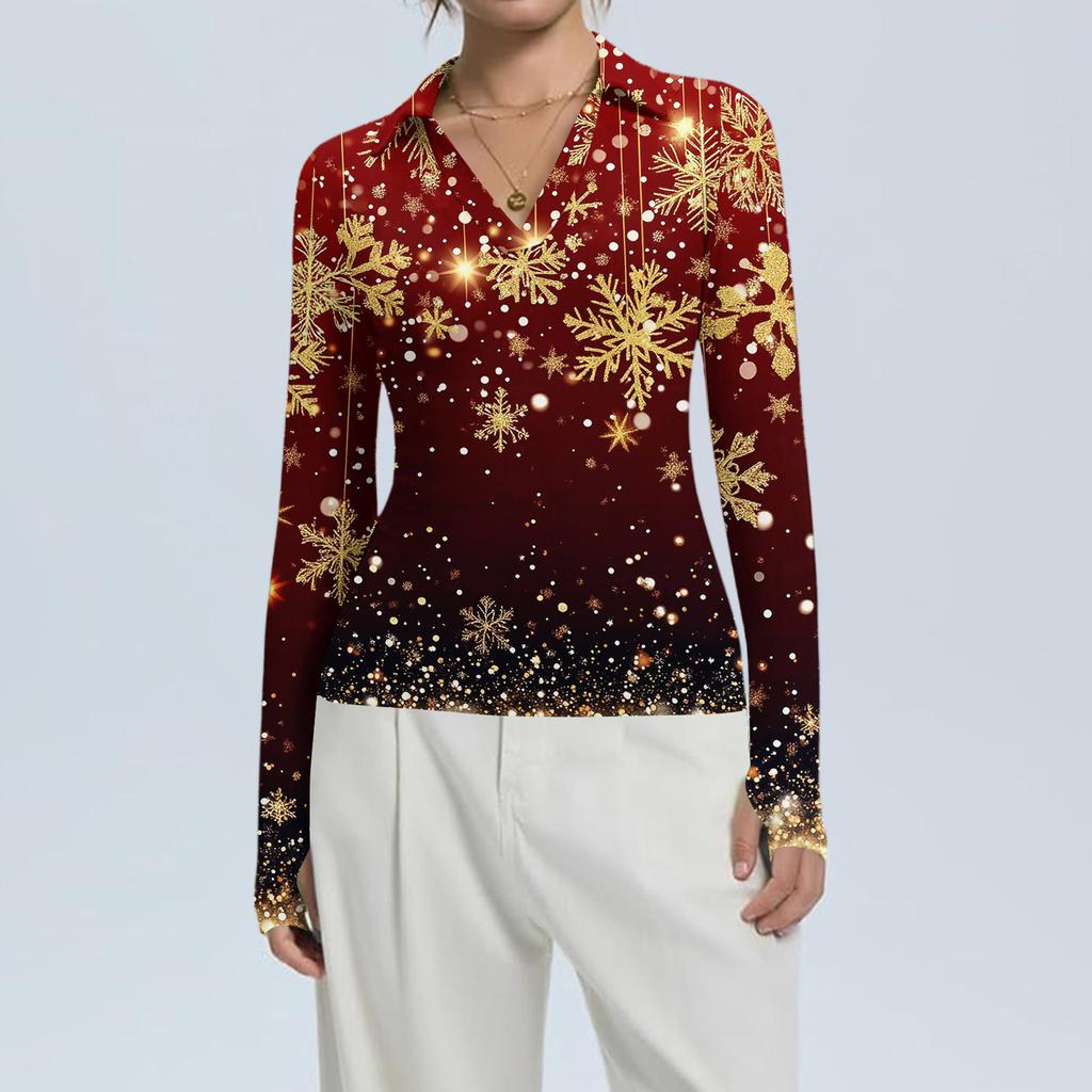 Damenmode Lässig Weihnachts-Print V-Ausschnitt Langarm Knopfleiste Oberteil
