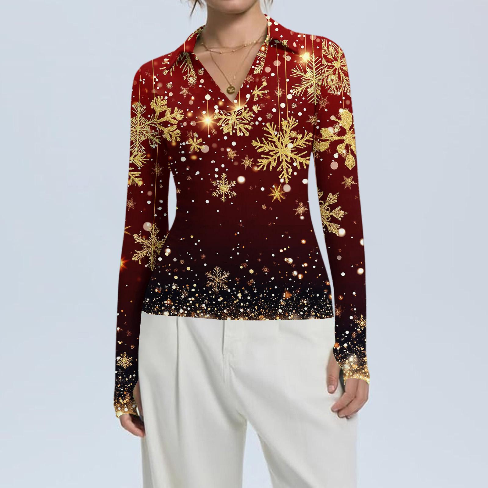 

Женская модная повседневная блузка с V-образным вырезом, длинными рукавами и принтом на рождественскую тематику, застегивающаяся на пуговицы L золотой