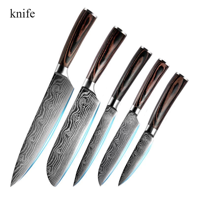 8 Inch Carving Knife Damascus Laser Cut 7Cr17 Steel Color Wood Chef's Knife Fruit Knife Boning Knife Combination