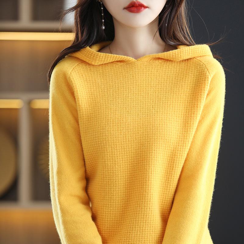 2023 Autumn/Winter Women's Pure Wool Hoodie Sweater - Cashmere Knit Pullover, Solid Color