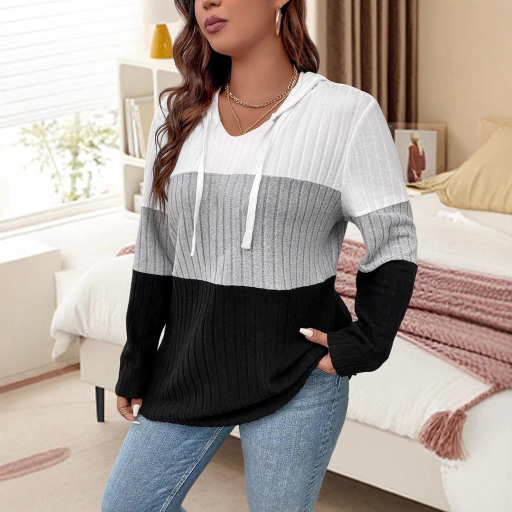 Women's Fashion Casual Spring Autumn Colour Block Print Long Sleeve Hooded Blouses & Shirts