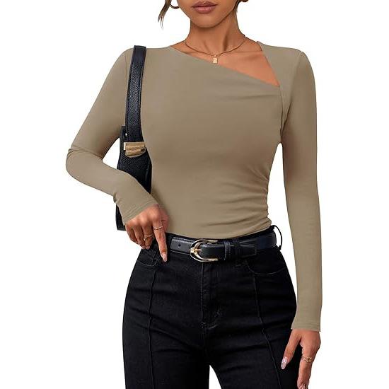 Women Long Sleeve Oblique Collar Slim Fit Solid Inner Base Layer T Shirt
