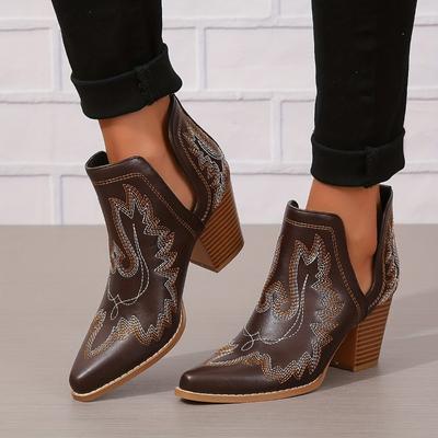 Modische Stiefeletten mit klobigem Absatz für Damen – Slipper mit Retro-Stickerei, spitzer Zehenpartie und Western-Flair – Kurze Stiefel für mühelosen Stil
