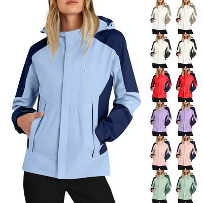 Women Solid Stripe Rain Jacket Outdoor Plus Waterproof Hooded Raincoat Windproof