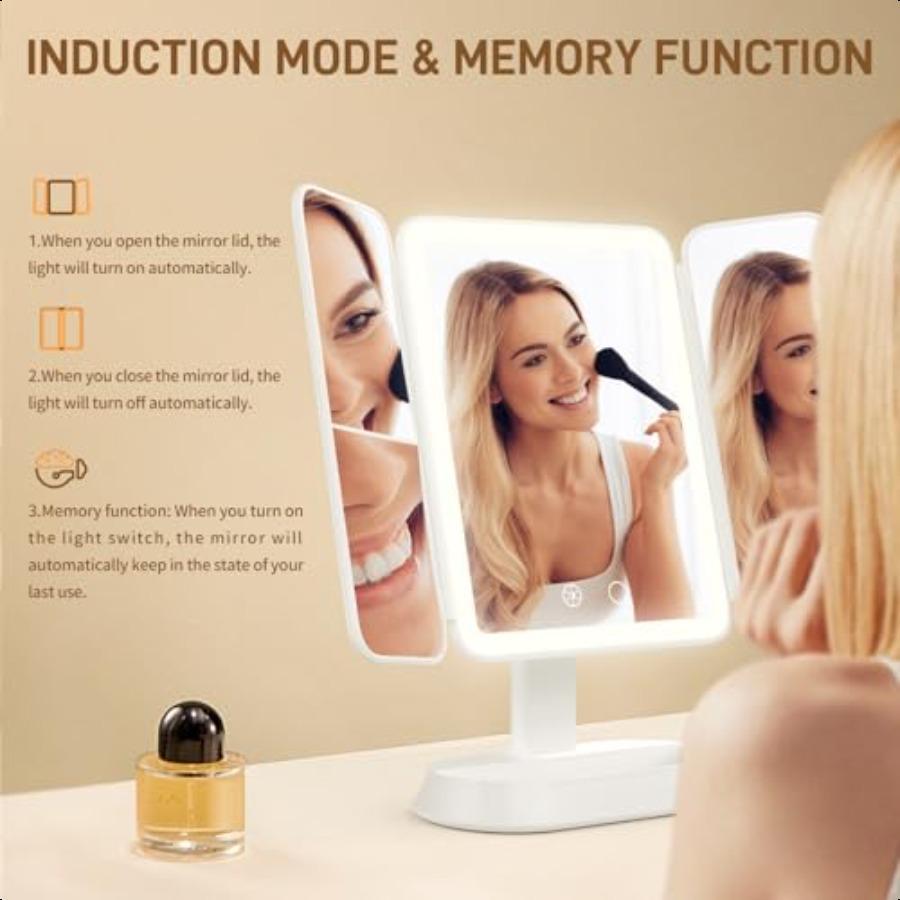 Vanity Mirror with Lights Rechargeable Lighted Makeup Mirror with 1X 3X 5X Magnification Smart Touch 3 Colors Dimmable Portable