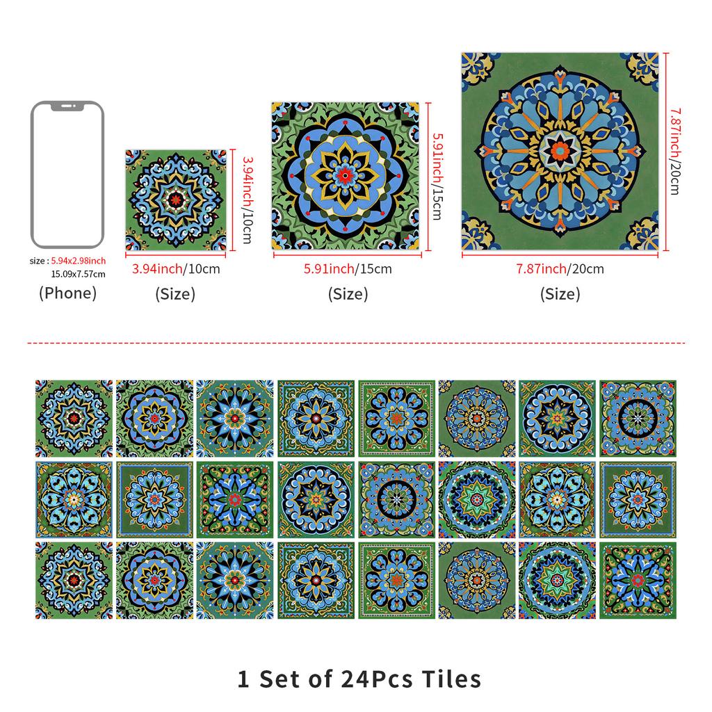 European Crystal Mandala 24 Pieces Self-Adhesive Wall Sticker, Waterproof Kitchen Bedroom Tile Sticker Pvc Wallpaper