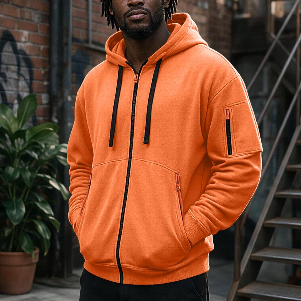 Men's Zip-Up Hooded Jacket with Multiple Pockets Athletic Casual Top for Daily Wear