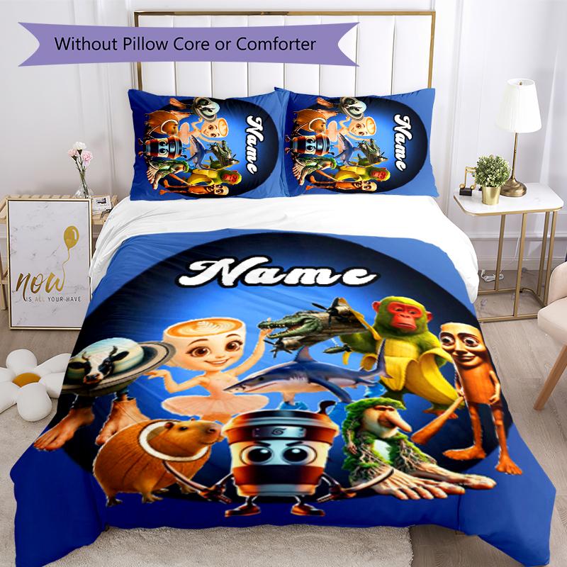 3pcs Custom Name Cartoon Italian Brainrot Animal Bedding Set Duvet Cover Closure Includes 1 Duvet Cover & 2 Pillowcases for All Seasons Bedroom Decor