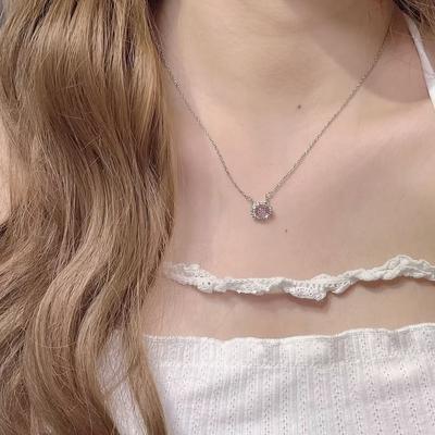 KT Cat Pink Diamond Necklace Women's Light Luxury Sweet Cute Niche Versatile High-end Sense New Collarbone Chain