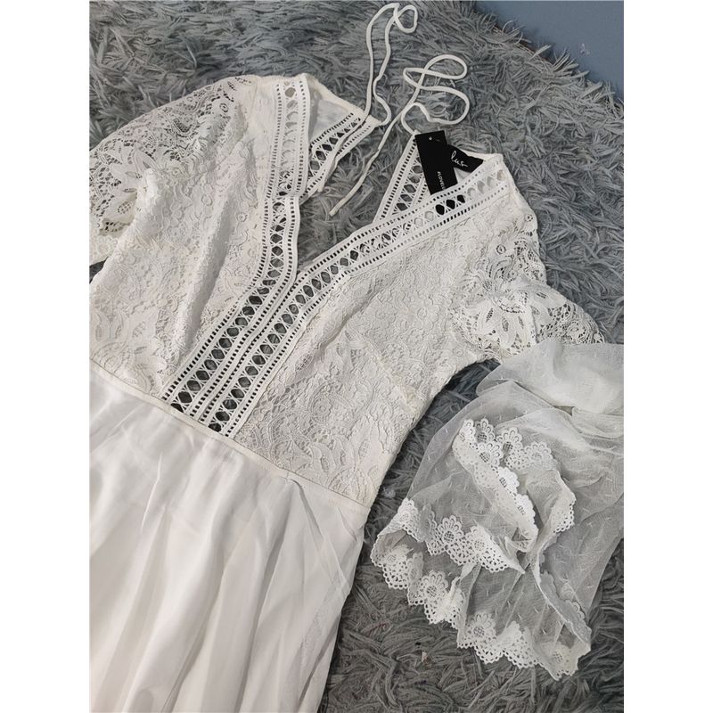 Foreign Trade Order Lu Fairy Light Luxury White Banquet Party Wedding Horn Hollow Backless Dress Formal Dress Long Dress