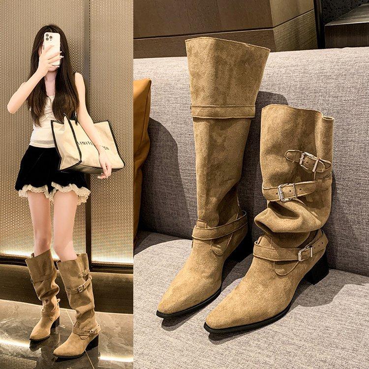 Cowhide version~ thick heel leather retro long boots women's belt buckle pleated stacking boots tall western cowboy boots