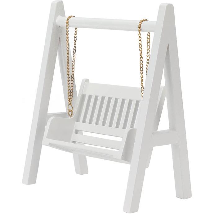 1/12 Scale Miniature Wooden Swing with Gold Chain, White Dollhouse Swing Decoration, Exquisite Mini Dollhouse Porch Swing Design, Furniture Model for