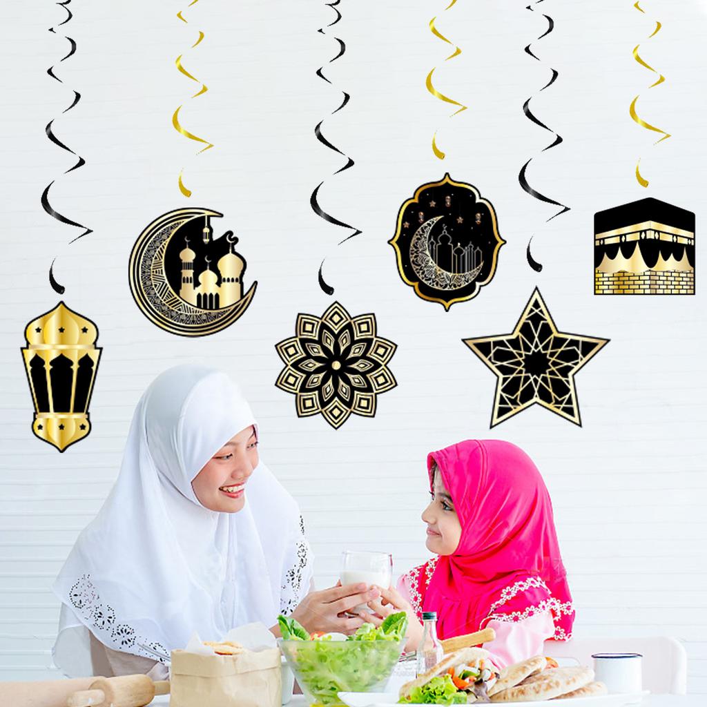 6pcs/set Ramadan Festival Wall Ceiling Decoration Ramadan Spiral Tag Hanging Ornament Decor Eid Mubarak Party Decor