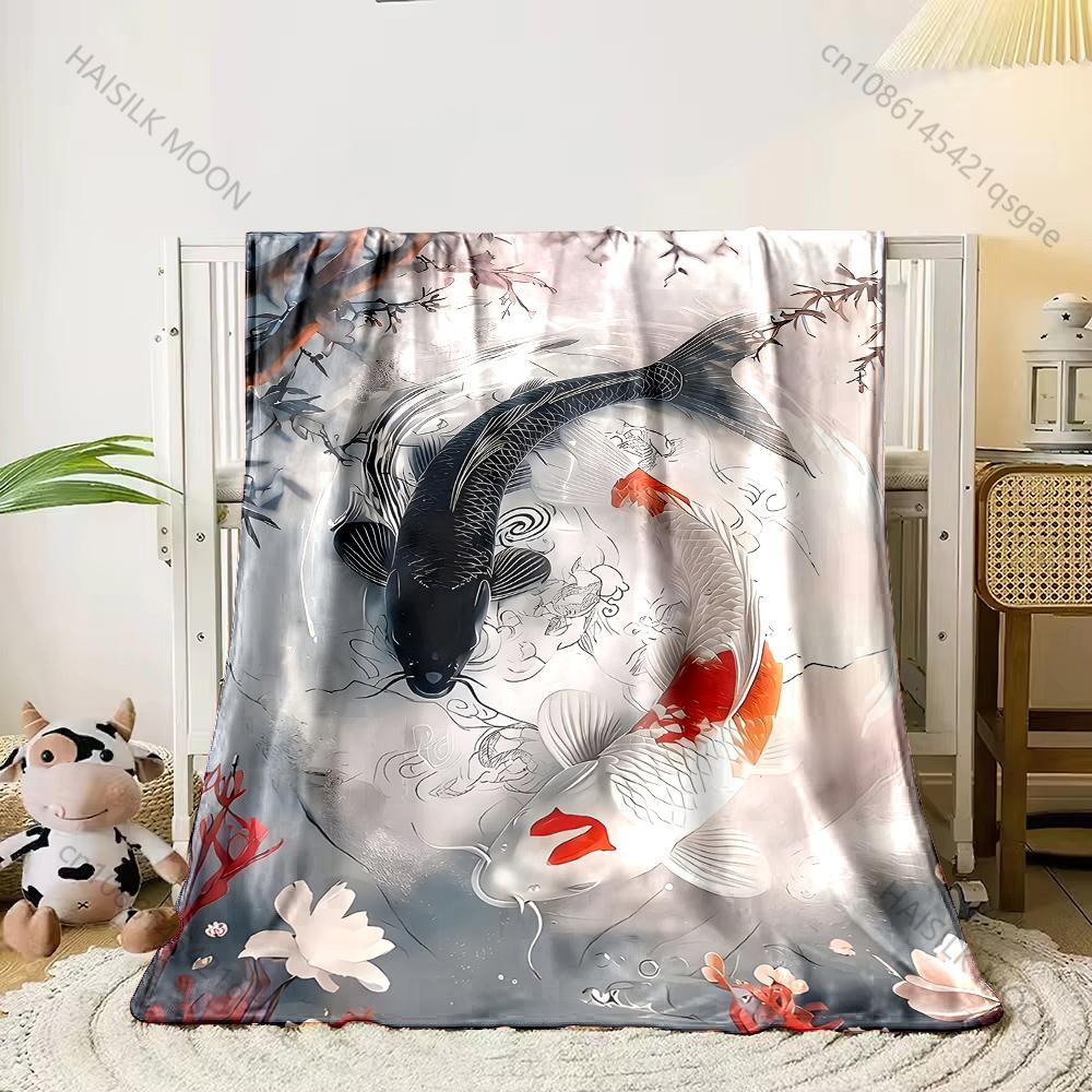 

1PC Black and white koi swimming Print Adult Children Warm Blankets Home Travel Car Soft Comfortable Suitable for all seasons 75x100cm