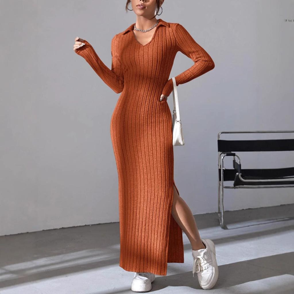 Orange V-Neck Long Sleeve Knit Bodycon Midi Dress with Side Slit