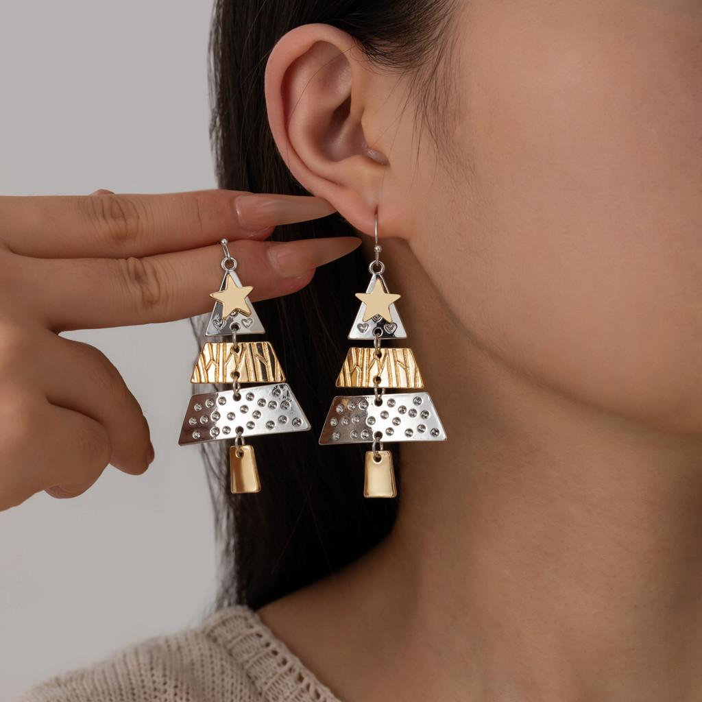 Dazzling Alloy Christmas Tree Earrings Featuring Triangular And Star Patterns For Trendsetting Women