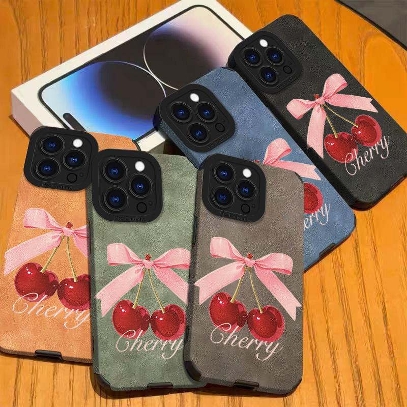 Cherries Lambskin Leather Phone Case For iPhone 17 Pro Max Air 16 15 14 13 12 11 Pro Max Plus X XS MAX XR Hard Back Cover