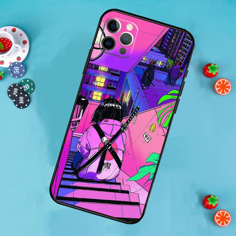 Vaporwave Glitch Anime Phone Case For iPhone 17 Air 15 14 13 12 11 16 Pro Max 13 12 mini 15 16 Plus 16e Cover Funda
