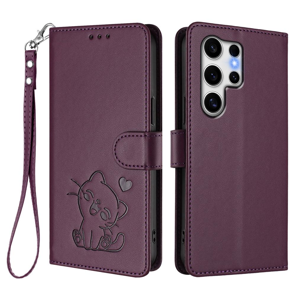 Für Samsung Galaxy S25 Ultra Brieftasche Hülle mit Handschlaufe Love Cat Muster Prägung Leder Handyhülle