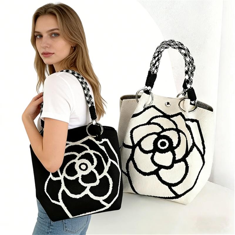 Chic Camellia Flower Knitted Tote Bag Large Capacity Weave Shoulder Bag for Women