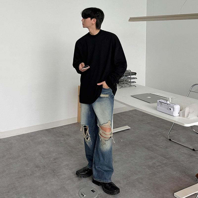 Washed ripped jeans men's autumn loose niche wide-leg trousers Korean version trendy old straight-leg trousers