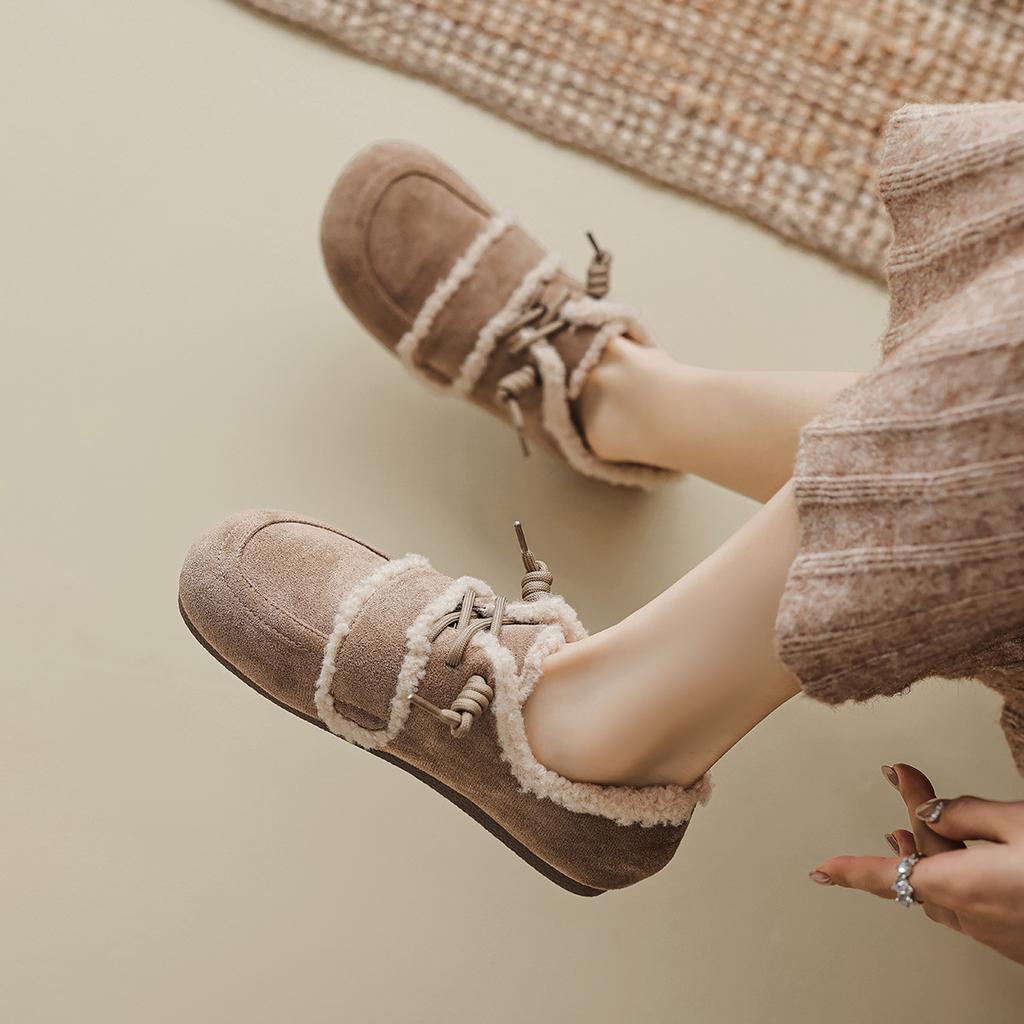 Retro color matching fleece shoes flat bottom fluffy single shoes women wear autumn and winter