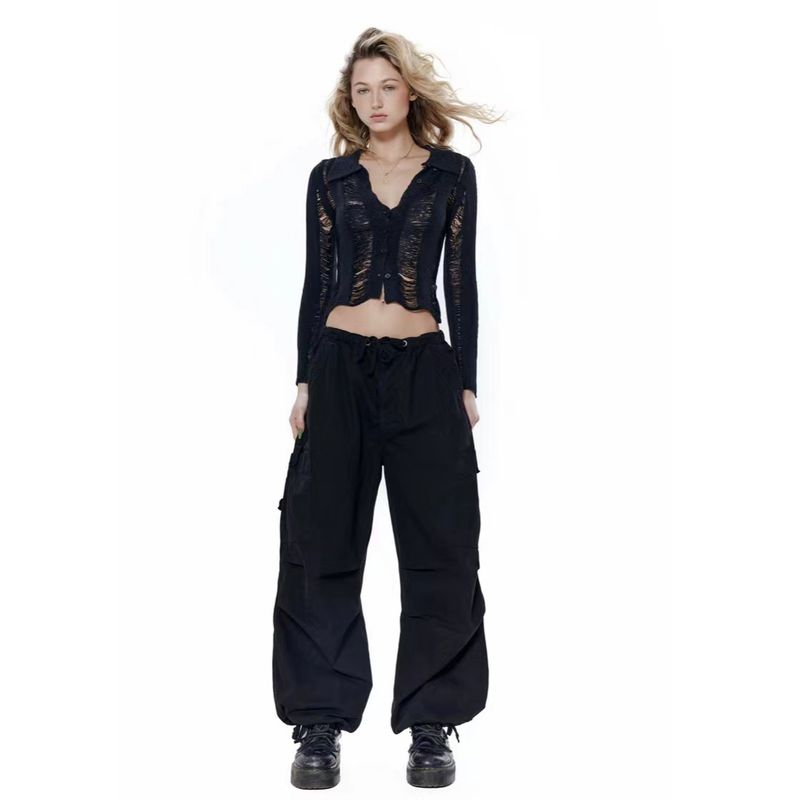 

Jaded London Black Cargo Pants Washed and Worn American Retro Drawstring Ankle-Tied Casual Wide-Leg Pants Black L