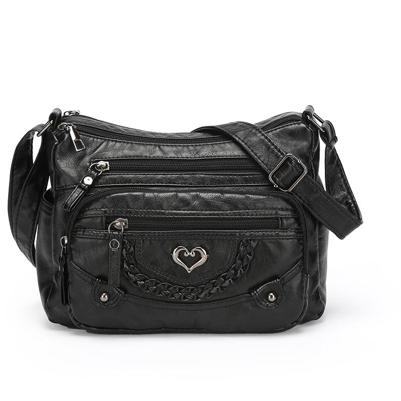 Vintage Crossbody Bag in Brown with Heart Accent - Adjustable Strap Multiple Zipper Pockets Small Crossbody Bag