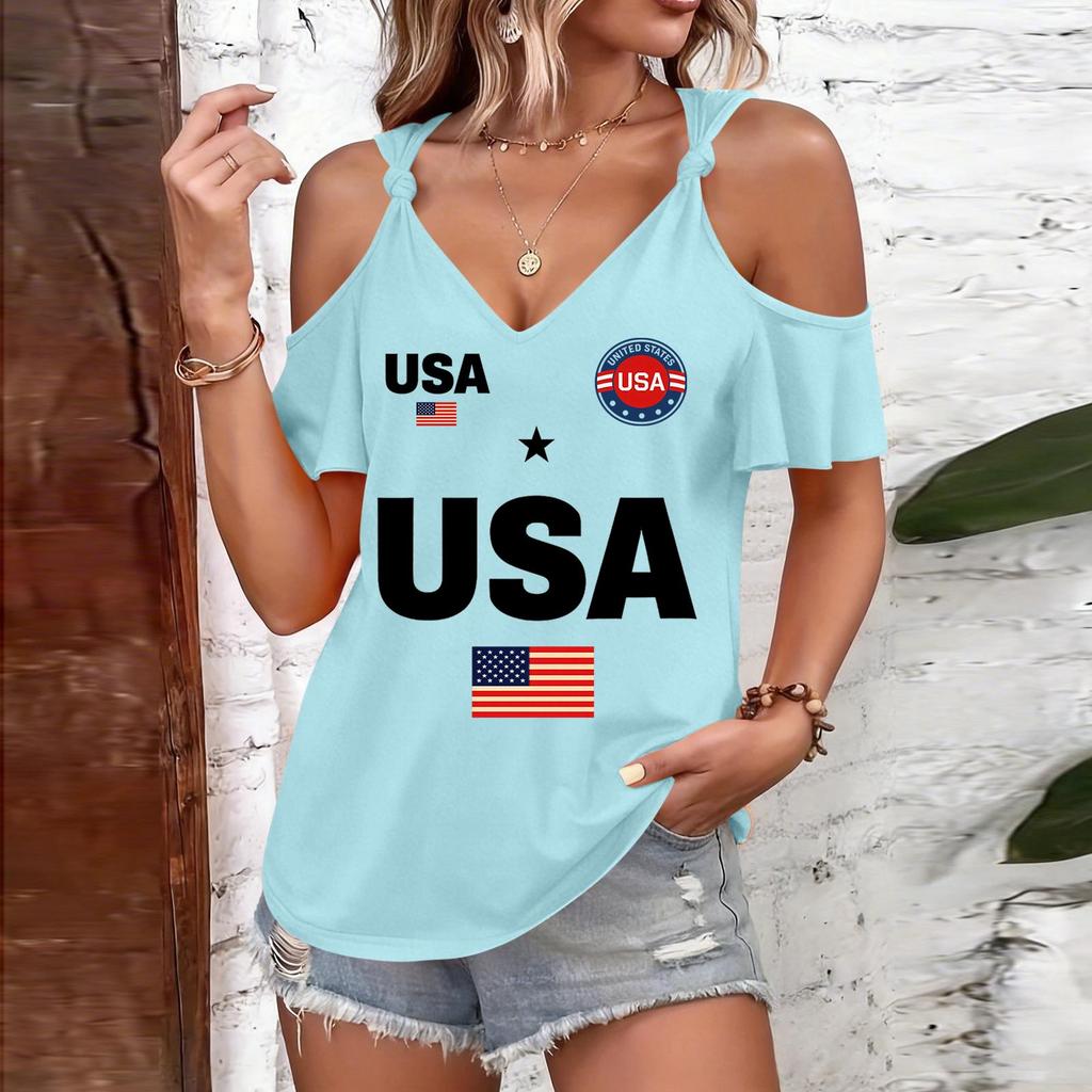 T-shirt Femme Épaules Dégagées Imprimé USA Bretelles à Nouer Manches Courtes Décontracté Haut d'Été Coupe Ample Chemisier Léger pour un Usage Quotidien