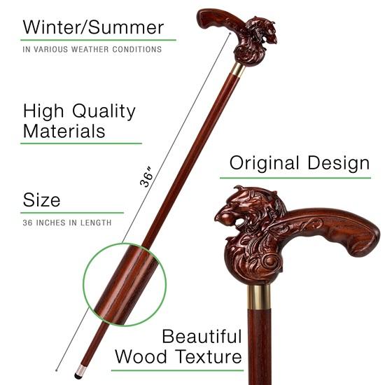 Lion Walking Stick for Men Leon King Wooden Cane for Gentlemen Hand Carved Fashion Derby Baston 91.44 Cm