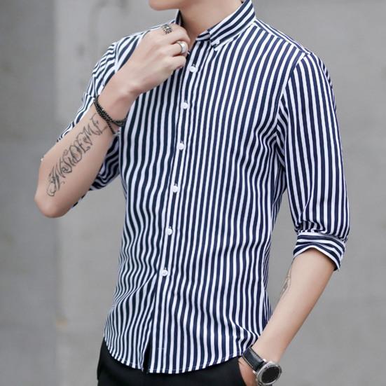 Yaka 3/4 Kol Tek Düğmeli Erkek Gömleği Slim Fit Çizgili Baskılı Günlük Gömlek Üst