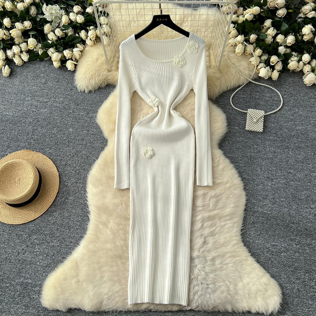 Spring Autumn Women Elegant 3D Flower Knitted Sweater Sheath Dresses Full Sleeve Midi Party Slim Pullover Dress