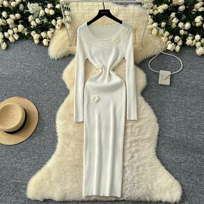 Spring Autumn Women Elegant 3D Flower Knitted Sweater Sheath Dresses Full Sleeve Midi Party Slim Pullover Dress