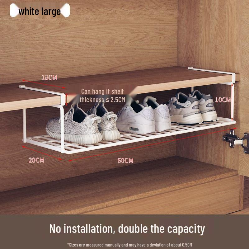 Retractable Shoe Cabinet with Dividers and Foldable Bracket - Space-Saving Storage Rack with Under-Hanging Baskets.