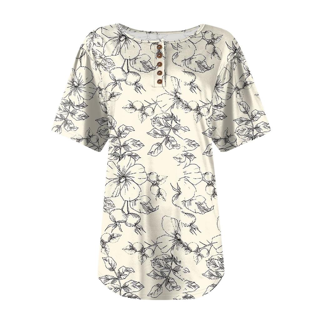 טופ פולובר אופנתי לנשים עם שרוולים קצרים, כפתורים, הדפס פרחוני, צווארון עגול
