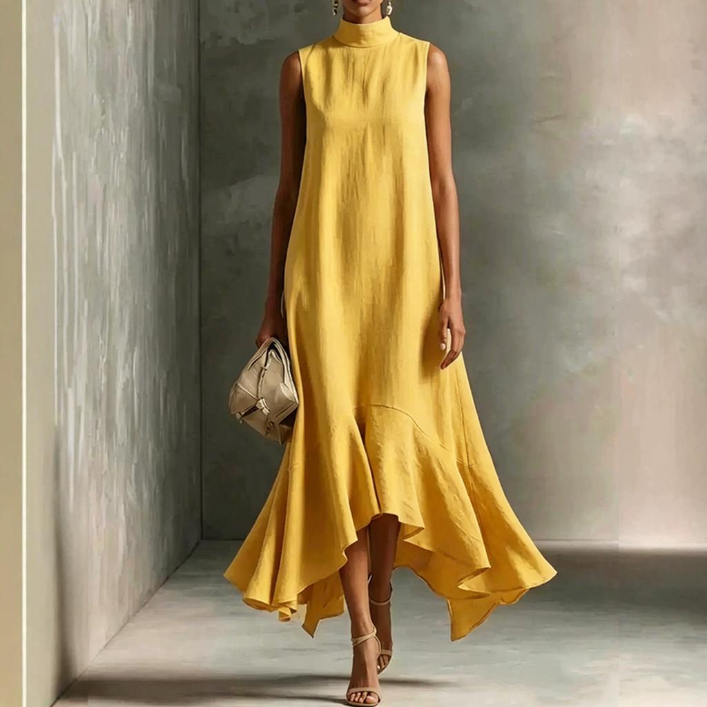 Damen ärmellos hoher Kragen lässig lockere Passform Midi-Kleid weicher Stoff entspannte Silhouette stilvoll für den Alltag