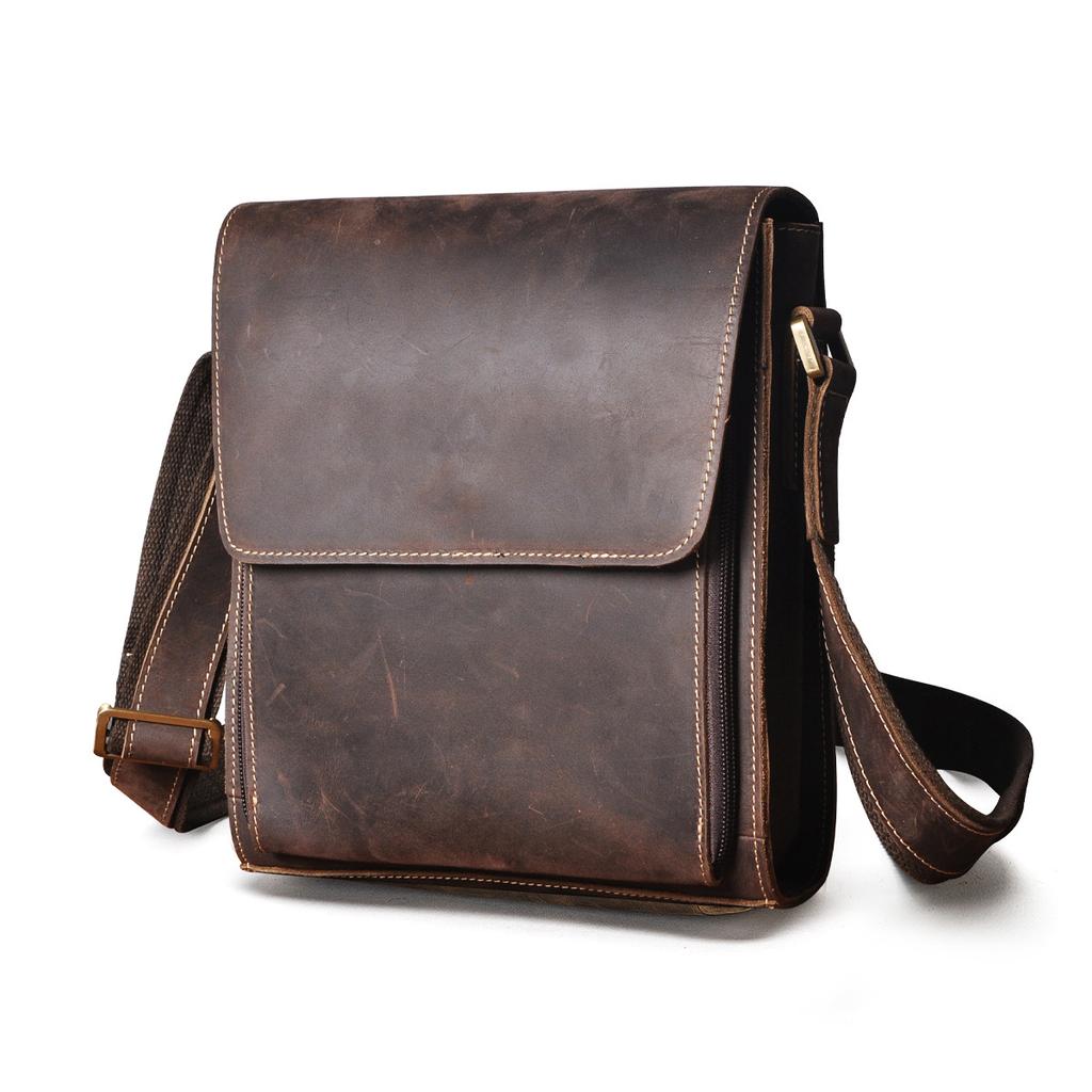 Men Vintage Crazy Horse Top Layer Cowhide Crossbody Sling Bag 10 Inch Shoulder Bag For Outdoor Travel Business Use