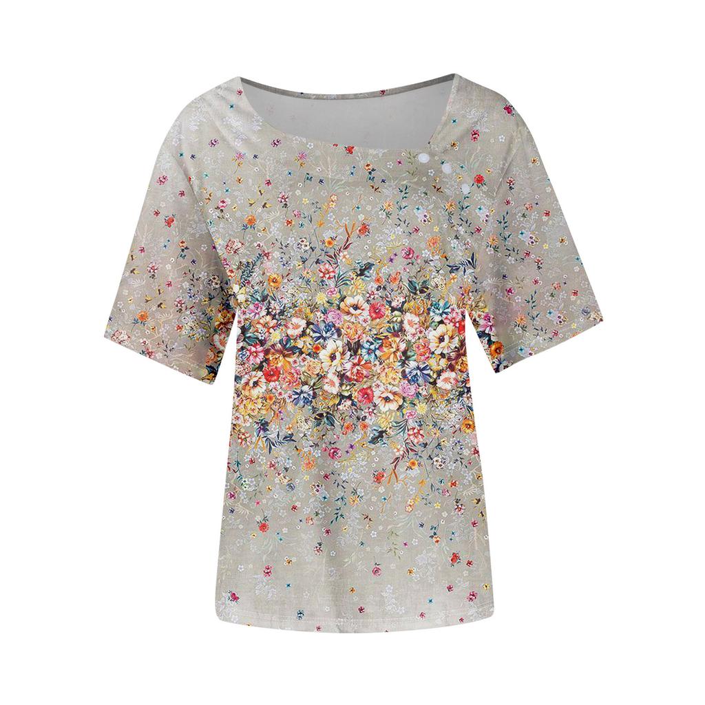 Damen T-Shirt mit lässigem Print, asymmetrischem Halsausschnitt, kurzen Ärmeln, dekorativen Knöpfen