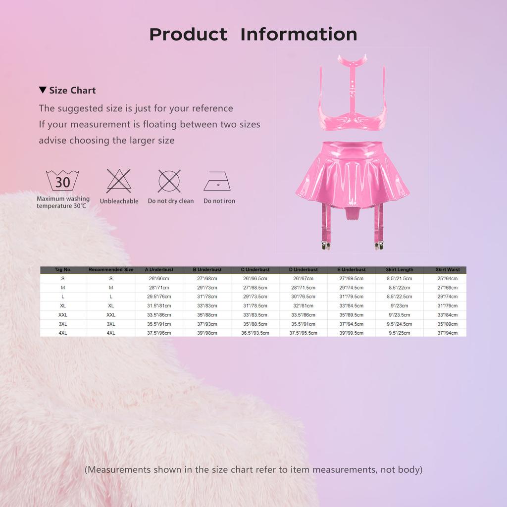 Women Shiny Leather Lingerie Set Cupless Bra Top with Ruffle Built-in Thongs Garter Mini Skirt for Party Clubwear Sexy Outfits