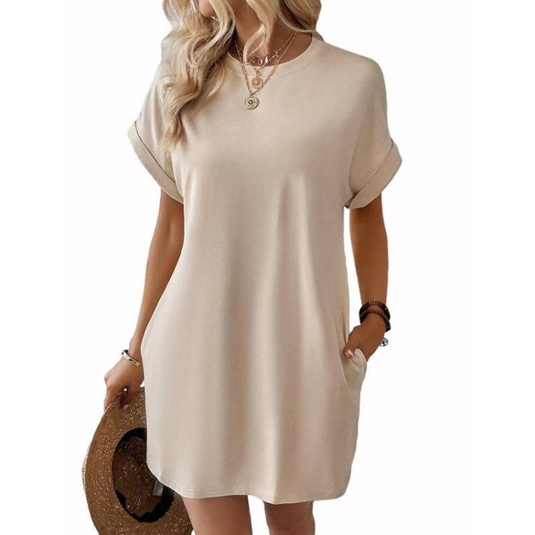 Summer Casual Women Dress Loose Round Neck Short Sleeve Pocket Breathable Solid Color Spring Fashion New