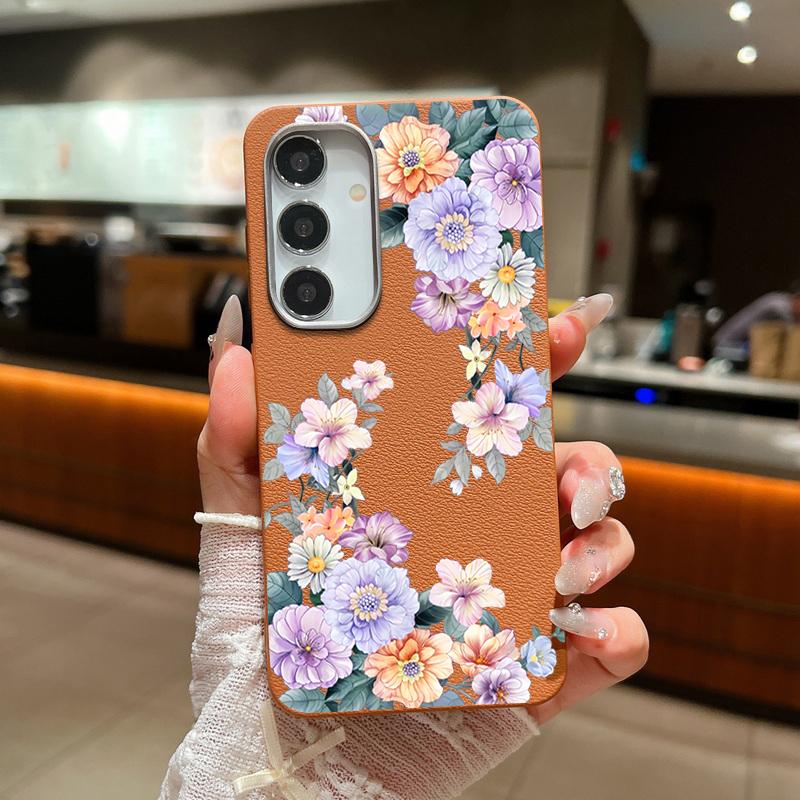 Color Floral Print Matte Leather Texture Phone Case For Samsung S25 S24 FE S23 Ultra S22 S21 A16 A56 A36 A15 A55 A35 Soft Slim TPU Shockproof  Cover