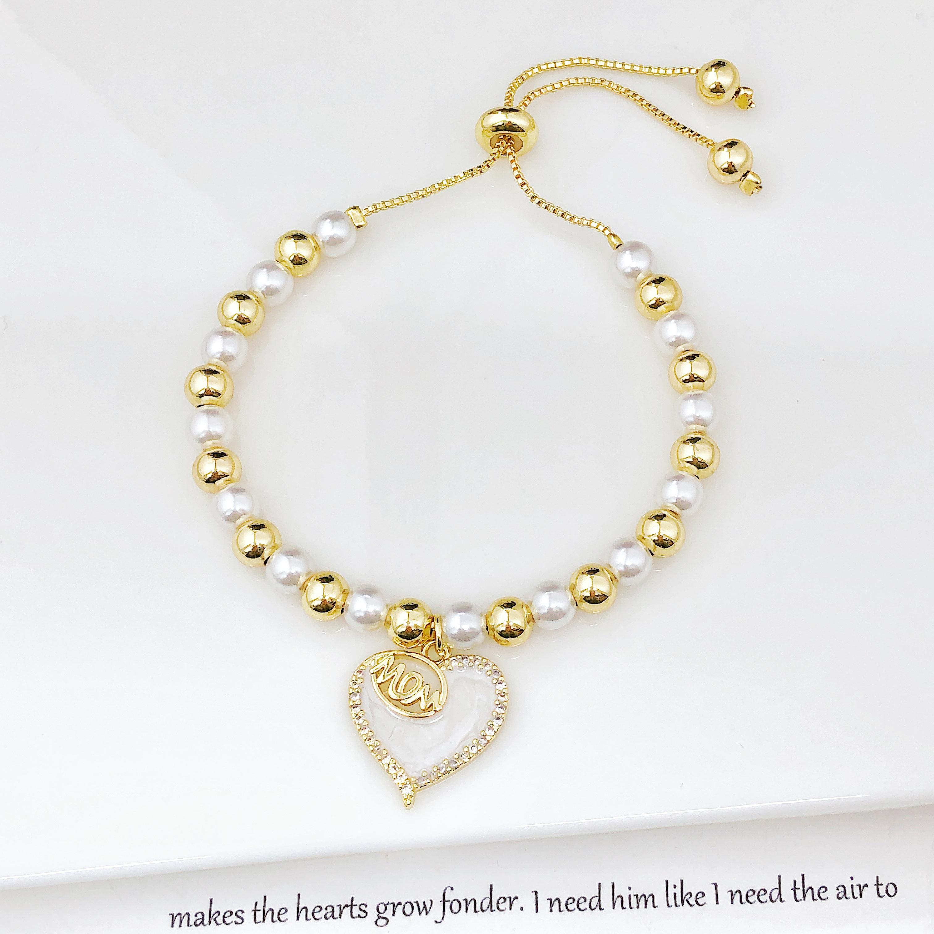 

Hot Sale Zircon Shell Mother Theme Copper Bead Pearl Chain Bracelet Fashion for Women Mom Holiday Mother s Day Zircon Gift
